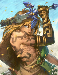  1boy absurdres archaic_set_(zelda) arm_up arrow_(projectile) black_skin blue_eyes closed_mouth colored_skin from_side highres holding holding_weapon link looking_at_viewer male_focus malin_falch master_sword petals quiver shield shoulder_tattoo single_bare_shoulder solo tattoo the_legend_of_zelda the_legend_of_zelda:_tears_of_the_kingdom upper_body weapon 