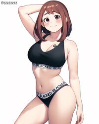  1girls ai_generated artist_name big_breasts blacked blacked_clothing blush blushing_at_viewer brown_eyes brown_hair ezzezezz female female_only looking_at_viewer medium_hair my_hero_academia nai_diffusion ochako_uraraka queen_of_spades smile smiling_at_viewer solo stable_diffusion tattoo thick_thighs 