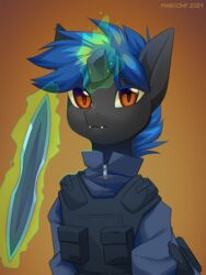  2021 bladed_weapon blue_hair digital_media_(artwork) equid equine fan_character hair hasbro horn mammal margony my_little_pony mythological_creature mythological_equine mythology solo unicorn weapon 