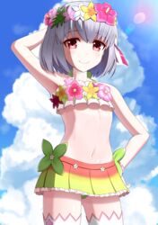  bare_shoulders bikini blue_sky blush breasts collarbone day fate/grand_order fate_(series) female flower_wreath green_bikini grey_hair hair_ribbon head_wreath highres kama_(fate) kama_(swimsuit_avenger)_(fate) kama_(swimsuit_avenger)_(first_ascension)_(fate) looking_at_viewer miniskirt miporinrpg navel rainbow_skirt red_eyes ribbon short_hair skirt sky small_breasts smile solo swimsuit thighhighs thighs white_thighhighs 