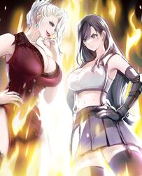  2girls absurdres asymmetrical_bangs bare_shoulders black_hair black_skirt black_sports_bra black_thighhighs blonde_hair breasts brown_eyes cleavage cowboy_shot crop_top dress earrings elbow_gloves fiery_background final_fantasy final_fantasy_vii final_fantasy_vii_remake fingerless_gloves fire furrowed_brow gloves hair_between_eyes hair_over_one_eye hair_up hand_on_own_hip hand_to_own_mouth hands_on_own_hips highres huge_breasts jewelry large_breasts lipstick long_bangs long_hair looking_at_another low-tied_long_hair makeup midriff miniskirt multiple_girls parted_lips pelvic_curtain pleated_skirt red_dress rivalry scarlet_(ff7) serious shirt shoji_sakura skirt sleeveless sleeveless_shirt smile sports_bra thighhighs tifa_lockhart underwear white_shirt white_sports_bra 