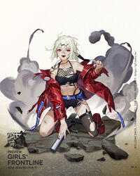  bad_link bare_shoulders belt black_shorts black_tank_top black_thighhighs blue_belt blue_nails blush boots breasts bullet chains character_name clothes_pull collarbone copyright_name crop_top ear_piercing earrings eyebrow_piercing eyebrows female girls&#039;_frontline gun hair_ornament hairclip highres holding holding_weapon jacket jacket_pull jewelry light_green_hair looking_at_viewer mask mask_pull medium_hair mouth_mask nail_polish navel official_art open_clothes open_jacket open_mouth piercing promotional_art red_eyes red_footwear red_jacket russian_flag shoes shorts shoulder_tattoo simple_background single_thighhigh sitting small_breasts smile smoke solo sr-2_(girls&#039;_frontline) sr-2_veresk submachine_gun surgical_mask tank_top tattoo thighhighs tongue_tattoo torn_clothes torn_jacket torn_shorts torn_tank_top torn_thighhighs unworn_mask weapon yannn 