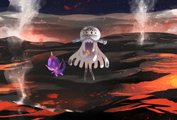  bad_id bad_pixiv_id banned_artist commentary_request fire_stone holding molten_rock night nihilego nin_(female) no_humans open_mouth outdoors poipole pokemon pokemon_(creature) sky standing steam ultra_beast 