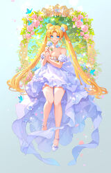  back_bow bare_shoulders bishoujo_senshi_sailor_moon blonde_hair blue_butterfly blue_eyes blush bow breasts bug butterfly choker cleavage commentary crescent crescent_facial_mark detached_sleeves double_bun dress english_commentary facial_mark falling_petals female flower flower_choker forehead_mark full_body gold_teeth gradient_background hair_bun hair_flower hair_ornament highres holding holding_flower legs long_hair looking_at_viewer medium_breasts mushroommirror nature open_mouth own_hands_together parted_bangs petals pink_flower pink_rose princess_serenity rose short_sleeves sidelocks smile solo strappy_heels tsukino_usagi twintails very_long_hair white_choker white_dress white_flower white_footwear 