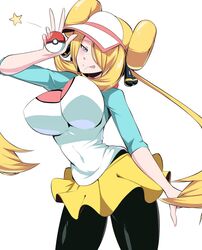  :p alternate_breast_size black_pantyhose blonde_hair blush breasts commentary cosplay cynthia_(pokemon) double_bun female grey_eyes hair_bun hair_ornament hair_over_one_eye highres holding holding_poke_ball huge_breasts impossible_clothes long_hair pantyhose poke_ball poke_ball_(basic) pokemon pokemon_bw2 pokemon_dppt pokemon_masters_ex rosa_(pokemon) rosa_(pokemon)_(cosplay) shimure_(460) shirt sidelocks skirt solo star_(symbol) tight_clothes tight_shirt tongue tongue_out twintails v very_long_hair visor_cap 