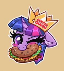  absurd_res ambiguous_form blush blush_stickers burger burger_king confetticakez crown eating equid equine female food friendship_is_magic hair hasbro headgear hi_res horn looking_at_viewer mammal my_little_pony mythological_creature mythological_equine mythology one_eye_closed paper_crown portrait_(object) purple_eyes purple_hair solo twilight_sparkle_(mlp) unicorn wink winking_at_viewer 