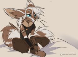  anthro barefoot blue_eyes blue_sclera brown_body brown_fur canid canine clothed clothing eyewear feet fennec fox fully_clothed fur goggles goggles_on_head inner_ear_fluff koul mammal melody_(aseethe) sitting solo text tuft url white_body white_fur 