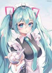  alternate_costume black_shirt blue_eyes blue_hair blue_necktie blush bowl breasts commentary dumpling enmaided female food hair_between_eyes hair_ornament hatsune_miku highres holding holding_bowl long_hair looking_at_viewer maid maid_headdress medium_breasts mikako necktie open_mouth ribbon shirt solo spoon standing tangyuan twintails very_long_hair vocaloid white_ribbon 