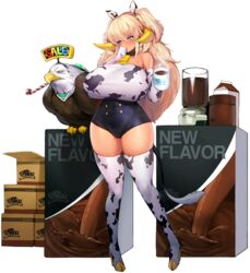  animal_ears animal_print bird blender_(object) blonde_hair blush boots breasts chocolate_milk cleavage covered_nipples cow_ears cow_girl cow_print cow_tail cup dark_elf dark_elven_forest_ranger eagle elbow_gloves elf english_text female full_body game_cg gloves gyaru hair_between_eyes highres horns huge_breasts kogal last_origin long_hair looking_at_viewer mug mug_writing navel official_alternate_costume official_art one-piece_swimsuit party_horn pointy_ears purple_eyes snowball22 solo swimsuit tachi-e tail thick_thighs thigh_boots thighhighs thighs transparent_background two_side_up white_thighhighs wide_hips 