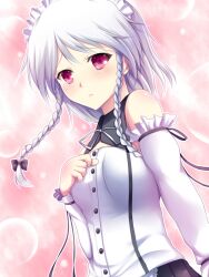  alternate_costume bad_id bad_pixiv_id bare_shoulders blush bow braid female izayoi_sakuya maid_headdress red_eyes ribbon short_hair solo touhou twin_braids upper_body white_hair yappen 