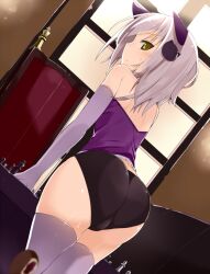  animal_ears ass bad_id bad_pixiv_id bare_shoulders blurry board_game cat_ears chair chess chess_piece depth_of_field dutch_angle elbow_gloves female gloves grey_hair hair_ornament hairpin high_school_dxd leaning_forward looking_back purple_thighhighs soburi solo thighhighs toujou_koneko white_hair yellow_eyes 