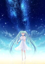  bracelet choker closed_eyes cloud commentary_request dress female green_hair hand_on_own_chest hatsune_miku highres jewelry lazy_orange long_hair milky_way necklace night night_sky open_mouth sky solo star_(sky) starry_sky twintails very_long_hair vocaloid 