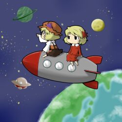  2girls aki_minoriko aki_shizuha black_eyes blonde_hair commentary_request dress earth_(planet) food fruit grapes hair_ornament hat leaf leaf_hair_ornament moon multiple_girls planet pointing rocket saturn_(planet) sitting spacecraft star_(symbol) touhou ufo window zannen_na_hito 