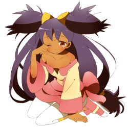  bad_id bad_pixiv_id bare_shoulders big_hair bow capri_pants dark-skinned_female dark_skin female hair_ornament iris_(pokemon) leggings long_hair low-tied_long_hair mochi730 off_shoulder pants photoshop_(medium) pokemon pokemon_bw purple_hair red_eyes rubbing_eyes shoes sleepy solo two_side_up very_long_hair waist_bow white_leggings wide_sleeves 