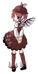  arms_behind_back brown_dress brown_eyes brown_socks commentary_request dress female from_behind full_body hrsk_(kihyahya) kneehighs long_sleeves looking_back mystia_lorelei pink_hair shoes short_hair socks solo touhou white_background winged_footwear wings 