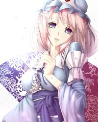  blue_eyes breasts commentary_request female hat highres japanese_clothes large_breasts obi open_mouth petals pink_hair saigyouji_yuyuko saigyouji_yuyuko&#039;s_fan_design sash shippou_(pattern) short_hair smile solo touhou triangular_headpiece zac_(131380) 