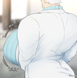  big_breasts dr._milk_(napsuto) huge_breasts jiggling_breasts lab_coat male_only napsuto sweater turtleneck white_hair 