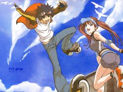  1boy air_gear air_trecks ass backview bird black_hair blue_eyes breasts brown_eyes brown_hair building cloud clouds couple denim elbow_pads elbowpads english female fingerless_gloves glasses gloves highres inline_skates jacket jump jumping long_hair looking_at_viewer looking_back midriff minami_itsuki noyamano_ringo oh!_great oogure_ito open_mouth outdoors pants roller_skates shirt short_hair short_pants skates sky smile spiked_hair standing tongue twintails visor_cap wallpaper wristband 