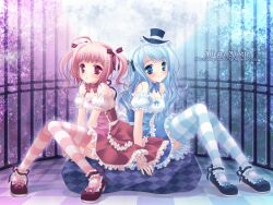  1600x1200 2girls akane_(artist) allegro_mistic blue_eyes blue_hair checkerboard checkered garter_belt hair_ribbon hair_ribbons hat highres lolita_fashion long_hair multiple_girls pink_hair red_eyes ribbon ribbons sitting takano_yuki_(allegro_mistic) thigh-highs thighhighs twintails wallpaper zettai_ryouiki 