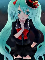  aqua_eyes aqua_hair blush bow bowtie commentary_request female hat hatsune_miku long_hair mini_hat mini_top_hat open_mouth partial_commentary shima_riu skirt solo thighhighs top_hat twintails very_long_hair vocaloid 