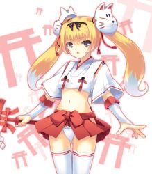  adapted_uniform blonde_hair copyright_request dasoku_sentarou female fox_tail japanese_clothes mask midriff miko skirt solo tail thighhighs twintails zettai_ryouiki 