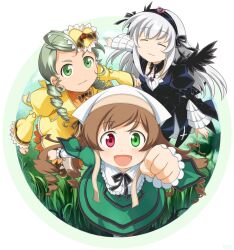  3girls brown_hair closed_eyes commentary_request dress drill_hair green_eyes green_hair hair_ornament hairband heterochromia kanaria long_hair mtyy multiple_girls parody photoshop_(medium) red_eyes rozen_maiden shinryaku!_ikamusume style_parody suigintou suiseiseki tanaka_rie voice_actor_connection white_hair wings 