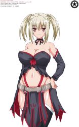  2021 absurd_res akiranyo arm_warmers artist_logo artist_name black_clothing blonde_hair_female bustier character_name english_text female hand_on_hip iris_(ochi_mono_rpg_seikishi_luvilias) neck_ribbon nipple_bulge ochi_mono_rpg_seikishi_luvilias red_eyes red_trim shiny_skin succubus text thigh-highs transparent_background twintails_(hairstyle) vector_trace work_name 