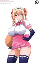  2017 absurd_res akiranyo arm_gloves artist_logo artist_name big_breasts blonde_hair_female blush character_name english_text hair_ribbons hand_on_hip maid_cap mayoiga_no_onee_san natsuki_(mayoiga_no_onee_san) panty_peek pink_apron pink_bow pink_eyes purple_gloves purple_stockings red_ribbons skindentation smiling text thigh-high_stockings transparent_background tray twintails_(hairstyle) vector_trace waitress waitress_uniform white_panties work_name 