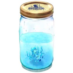  blue_hair blush_stickers bottle bracelet commentary_request dress female hat ikamusume in_bottle in_container jar jewelry kouji_(campus_life) long_hair mini-ikamusume mini_person minigirl photoshop_(medium) revision romaji_text shinryaku!_ikamusume solo water 