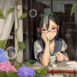  absurdres black_eyes black_hair book bottle bubble commentary_request cup curtains eraser female flower foge from_outside glasses highres hydrangea mug mug_writing original pencil print_mug rain school_uniform serafuku snail solo water_bottle window 