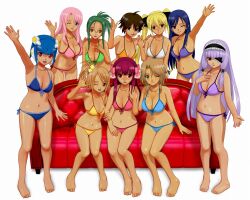  6+girls :d ;) ;d amane_(dream_c_club) android barefoot bikini black_bow blonde_hair blue_bikini blue_hair bow breasts brown_hair cleavage commentary_request couch dream_c_club dream_c_club_(series) everyone eyepatch front-tie_top futaba_riho glasses green_bikini green_eyes green_hair hair_ornament hairbow halterneck hand_on_another&#039;s_shoulder ili_(dream_c_club) karubi long_hair looking_at_viewer mari_(dream_c_club) medium_breasts mian_(dream_c_club) mio_(dream_c_club) multiple_girls nao_(dream_c_club) one_eye_closed open_mouth orange_bikini pink_bikini pink_bow pink_hair purple_bikini purple_eyes purple_hair red_eyes reika_(dream_c_club) ribbon rui_(dream_c_club) setsu_(dream_c_club) short_hair side-tie_bikini_bottom simple_background smile string_bikini swimsuit tan twintails waving white_background white_bikini yellow_bikini yellow_eyes 