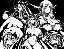  5girls alexstrasza breasts cleavage collar crossed_legs deathwing dragon_girl dragon_tail empty_eyes flat_chest flower genderswap_(mtf) greyscale grin hood horns huge_breasts long_hair malygos markings monochrome monster_girl multiple_girls nefarian nozdormu orb rule_63 sitting smile tail very_long_hair warcraft world_of_warcraft wristband ysera 