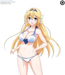  2018 akiranyo artist_logo artist_name bikini blonde_hair_female blue_eyes blue_headband blue_trim character_name elcia_harvence english_text hand_on_hip koikishi_purely_kiss shiny_skin text transparent_background vector_trace white_bikini winged_hair_ornament winged_hairband work_name 