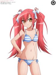  2018 akiranyo artist_logo artist_name blue_bikini blush character_name hair_ribbons hand_on_hip kinoshita_reona long_hair orange_eyes pia_carrot_(series) piajong red_hair_female striped_bikini striped_bikini_bottom striped_bikini_top transparent_background twintails_(hairstyle) vector_trace white_bikini work_name 