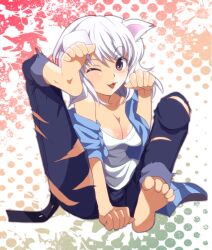  alternate_breast_size alternate_hairstyle animal_ears bad_id bad_pixiv_id bakemonogatari barefoot black_hanekawa blush breasts cat_ears cat_girl cleavage feet female hanekawa_tsubasa medium_breasts monogatari_(series) nekomonogatari one_eye_closed paw_pose purple_eyes scratching short_hair sitting solo suzusachinet toes torn_clothes white_hair 