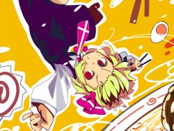  blonde_hair chopsticks commentary_request eating egg female food kamaboko murani narutomaki necktie noodles ramen red_eyes rumia short_hair solo touhou upside-down 