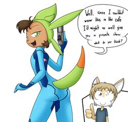  2019 anthro ass big_butt blue_eyes bodysuit brown_hair buckteeth canid canine chespin clothing cosplay costume dialogue digital_media_(artwork) duo english_text eyelashes female fingers fox fur generation_6_pokemon gesture green_eyes gun hair hand_gesture hi_res isaac_(monkeykinghero) leina_(sandwich-anomaly) looking_back male mammal metroid multicolored_body multicolored_fur nintendo pokemon pokemon_(species) ranged_weapon rear_view samus_aran sandwich-anomaly scar simple_background skinsuit smile standing tan_body tan_fur tan_hair teeth text thumbs_up tight_clothing tongue weapon white_background white_body white_fur zero_suit 