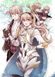  alicest0113 aristocratic_clothes arm_guards armor brooch cape commentary_request corrin_(female)_(fire_emblem) corrin_(fire_emblem) dwyer_(fire_emblem) fire_emblem fire_emblem_fates flower gloves holding holding_hands holding_sword holding_weapon jacket jakob_(fire_emblem) japanese_clothes jewelry kana_(female)_(fire_emblem) kana_(fire_emblem) kimono long_hair looking_at_viewer pointy_ears ponytail red_eyes smile swept_bangs sword weapon white_hair yukata 