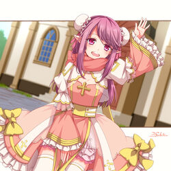  20nigu arch_bishop_(ragnarok_online) arched_window arrow_cross blush bow breasts building bun_cover cleavage_cutout clothing_cutout commentary_request commission cowboy_shot cross cross_print day door double_bun dress dress_bow dutch_angle female frilled_dress frilled_sleeves frills hair_bun long_hair looking_at_viewer medium_bangs official_alternate_costume open_mouth outdoors paid_reward_available pelvic_curtain pink_dress pink_eyes pink_scarf pointy_ears purple_hair ragnarok_online scarf sidelocks signature skeb_commission small_breasts smile solo thighhighs two-tone_dress waving white_dress white_thighhighs window yellow_bow 