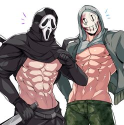  2boys abs bad_id bad_twitter_id bara bare_pectorals black_gloves black_pants blood blood_on_mask chan_kuro_(azsdi4e) clothes_lift dead_by_daylight ghostface gloves green_pants grey_jacket highres holding holding_knife holding_weapon hood hood_up hoodie jacket knife large_pectorals male_focus mask multiple_boys muscular muscular_male navel nipples open_clothes open_jacket pants pectorals scream_(movie) the_legion_(dead_by_daylight) weapon 