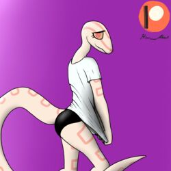  1:1 albino anthro arm_markings biped black_clothing black_panties black_underwear clothed clothing clothing_pull colubrid corn_snake cornelia_(glacierclear) covering covering_crotch covering_self facial_markings female glistening glistening_clothing glistening_panties glistening_underwear head_markings how-about lampropeltini leg_markings long_neck looking_at_viewer markings orange_sclera panties pink_body pink_eyes pink_scales pink_stripes pulling_shirt_down rat_snake red_eyes reptile reptile_tail scales scalie shirt shirt_pull shy simple_background slim smile snake solo stripes tail tail_markings tan_body tan_sclera topwear topwear_pull underwear white_clothing white_shirt white_topwear 