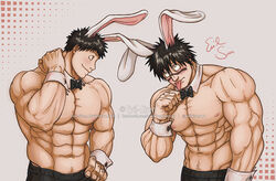  2boys abs bara black_hair blush bowtie bunny_boy bunny_ears clone crazy_eyes detached_collar evilsirenart facial_tattoo hand_on_hip happy_trail hayami_masaki kengan_(series) kengan_ashura kengan_omega looking_at_another male male_only male_pubic_hair meguro_masaki muscular muscular_male pubic_hair_peek smile spiky_hair tongue_out topless topless_male wrist_cuffs 