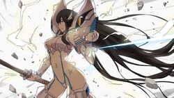  armor black_hair blue_eyes breasts cleavage cleavage_cutout clothing_cutout commentary_request cropped debris female gloves highres holding junketsu katana kill_la_kill kiryuuin_satsuki large_breasts long_hair md5_mismatch midriff mushiboy navel resolution_mismatch revealing_clothes solo sparkle spikes suspenders sword thighhighs very_long_hair weapon 