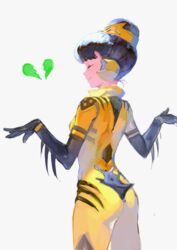  alternate_color armor ass b.va_(overwatch) black_gloves bodysuit breasts broken_heart brown_hair chkuyomi closed_eyes closed_mouth commentary cowboy_shot d.va_(overwatch) female from_behind gauntlets gloves hair_bun hands_up headgear headphones heart high_collar legs_apart medium_breasts official_alternate_costume overwatch overwatch_1 pauldrons short_hair shoulder_armor shoulder_pads simple_background single_hair_bun skin_tight smile solo spiked_gauntlets symbol-only_commentary yellow_bodysuit 