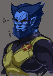  1boy beard beast_(x-men) blue_skin butcha-u colored_skin commentary_request facial_hair glasses grey_background male_focus marvel over-rim_eyewear photoshop_(medium) pointy_ears semi-rimless_eyewear solo upper_body x-men x-men_(anime) 