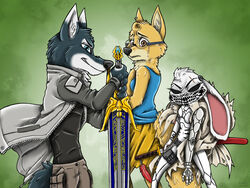  alice_kirabito_(ziegelzeig) arthur_knight_(smoketrailprime) black_eyes blue_body blue_eyes blue_fur bodily_fluids bottomwear brown_eyes canid canine canis chains clara_bloom_(crewefox) clothing coat costume crewefox crying cybernetics cyborg disney eyewear fanfiction feathers fur glasses group katana lagomorph leporid machine mammal melee_weapon piercing rabbit scar skirt sword take_a_stand_(crewefox) tears topwear trans_(lore) trans_woman_(lore) vest weapon white_body white_fur wolf yellow_body yellow_fur ziegelzeig zootopia 