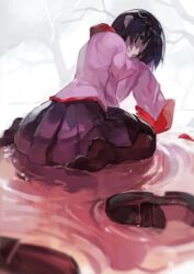  absurdres ass black_eyes black_footwear black_hair commentary female grin highres kabukimonogatari looking_at_viewer looking_back monogatari_(series) naoetsu_high_school_uniform oshino_ougi pantyhose pink_shirt pleated_skirt school_uniform shirt shoes short_hair sitting skirt sleeves_past_fingers sleeves_past_wrists smile solo uedrk_yamato unworn_shoes very_long_sleeves wariza water 