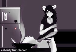  2015 anthro appliance ashtray biped black_clothing black_hair black_nose black_panties black_shirt black_topwear black_underwear bottomwear breasts canid canine cigarette clothed clothing detailed_background digital_media_(artwork) digital_painting_(artwork) dirtyscoundrel female fox fridge fully_clothed fur grey_eyes hair inside kitchen kitchen_appliance looking_at_viewer magnet mammal multicolored_clothing multicolored_panties multicolored_underwear panties pattern_bottomwear pattern_clothing pattern_panties pattern_underwear shirt smile smoke solo striped_bottomwear striped_clothing striped_panties striped_underwear stripes t-shirt tail text topwear two_tone_clothing two_tone_panties two_tone_underwear underwear url white_body white_clothing white_ears white_fur white_panties white_tail white_text white_underwear 