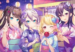  4girls :d ;d blonde_hair blue_bow blue_eyes blue_kimono blush booth_seating bow braid breasts brown_hair candy_apple closed_mouth commentary_request floral_print flower food grey_hair hair_between_eyes hair_flower hair_ornament hand_up hands_up highres holding holding_another&#039;s_hair holding_food ichinose_uruha japanese_clothes kaga_nazuna kaga_sumire kimono kogara_toto lily_print long_hair long_sleeves looking_at_viewer lupinus_virtual_games medium_hair mole mole_under_eye morning_glory_print multiple_girls night obi official_art one_eye_closed open_mouth pink_bow pink_flower pink_kimono plum_blossom_print ponytail print_kimono purple_eyes purple_flower purple_hair red_eyes red_flower ringozaka_mariko sash short_hair small_breasts smile twin_braids two-tone_bow upper_body v virtual_youtuber vspo! w wide_sleeves yukata 