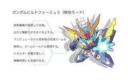  blue_eyes chibi clenched_hand glowing glowing_hand gundam looking_at_viewer mecha mobile_suit no_humans open_hand original robot science_fiction shokkaa_(shmz61312) solo translation_request v-fin 